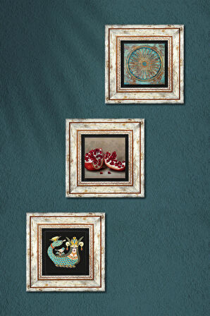 Yaşam Çiçeği, Şahmeran, Nar Taş Duvar Tablosu Çerçeveli Duvar Dekoru 3 Parça Tablo Seti Wall Art