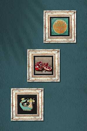 Lotus Çiçeği, Şahmeran, Nar Taş Duvar Tablosu Çerçeveli Duvar Dekoru 3 Parça Tablo Seti Wall Art