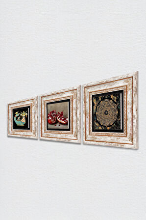 Sri Yantra, Şahmeran, Nar Taş Duvar Tablosu Çerçeveli Duvar Dekoru 3 Parça Tablo Seti Wall Art