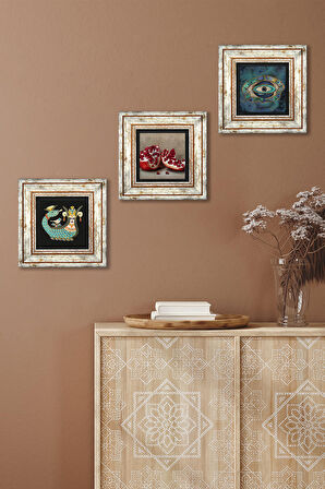 Nazar, Şahmeran, Nar Taş Duvar Tablosu Çerçeveli Duvar Dekoru 3 Parça Tablo Seti Wall Art