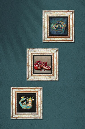 Nazar, Şahmeran, Nar Taş Duvar Tablosu Çerçeveli Duvar Dekoru 3 Parça Tablo Seti Wall Art