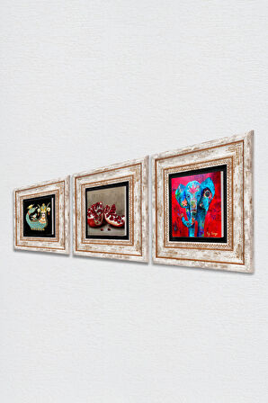 Fil, Şahmeran, Nar Taş Duvar Tablosu Çerçeveli Duvar Dekoru 3 Parça Tablo Seti Wall Art