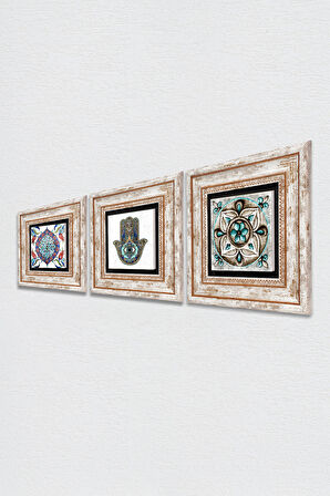 Çini Sanatı, Fatma Ana Eli (Hamsa) Taş Duvar Tablosu Çerçeveli Duvar Dekoru 3 Parça Tablo Seti Wall Art