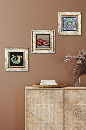 Mandala, Şahmeran, Nar Taş Duvar Tablosu Çerçeveli Duvar Dekoru 3 Parça Tablo Seti Wall Art