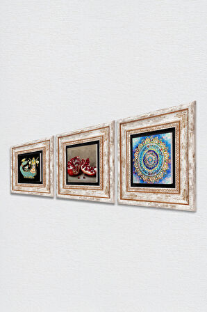 Mandala, Şahmeran, Nar Taş Duvar Tablosu Çerçeveli Duvar Dekoru 3 Parça Tablo Seti Wall Art