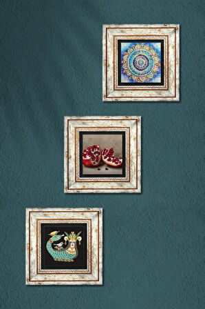 Mandala, Şahmeran, Nar Taş Duvar Tablosu Çerçeveli Duvar Dekoru 3 Parça Tablo Seti Wall Art