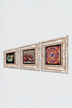 Mandala, Şahmeran, Nar Taş Duvar Tablosu Çerçeveli Duvar Dekoru 3 Parça Tablo Seti Wall Art
