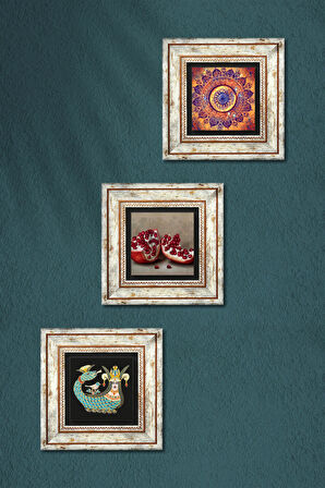 Mandala, Şahmeran, Nar Taş Duvar Tablosu Çerçeveli Duvar Dekoru 3 Parça Tablo Seti Wall Art