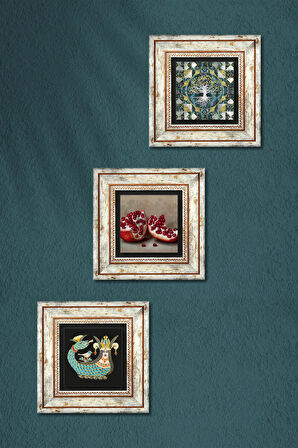 Hayat Ağacı, Şahmeran, Nar Taş Duvar Tablosu Çerçeveli Duvar Dekoru 3 Parça Tablo Seti Wall Art