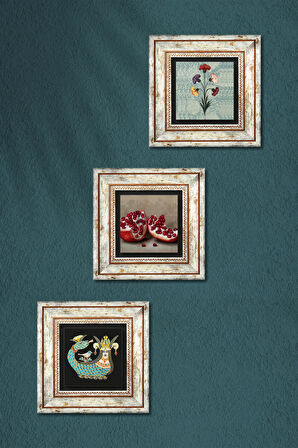 Ebru Sanatı, Şahmeran, Nar Taş Duvar Tablosu Çerçeveli Duvar Dekoru 3 Parça Tablo Seti Wall Art