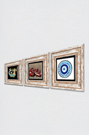 Nazar, Şahmeran, Nar Taş Duvar Tablosu Çerçeveli Duvar Dekoru 3 Parça Tablo Seti Wall Art