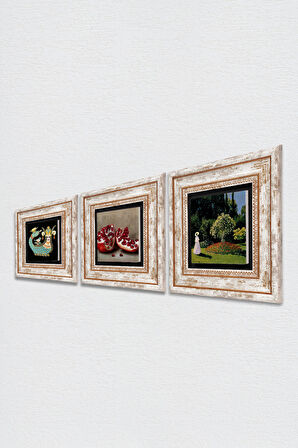 Claude Monet Bahçedeki Kadın, Şahmeran, Nar Taş Duvar Tablosu Çerçeveli Duvar Dekoru 3 Parça Tablo Seti Wall Art