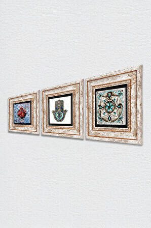 Çini Sanatı, Nar, Fatma Ana Eli (Hamsa) Taş Duvar Tablosu Çerçeveli Duvar Dekoru 3 Parça Tablo Seti Wall Art