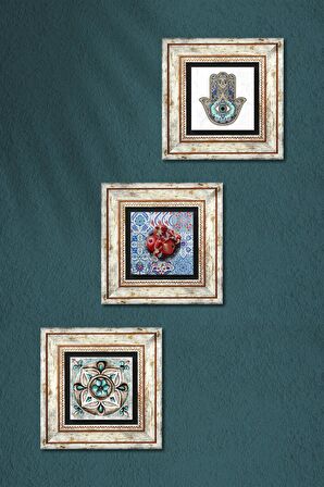 Çini Sanatı, Nar, Fatma Ana Eli (Hamsa) Taş Duvar Tablosu Çerçeveli Duvar Dekoru 3 Parça Tablo Seti Wall Art