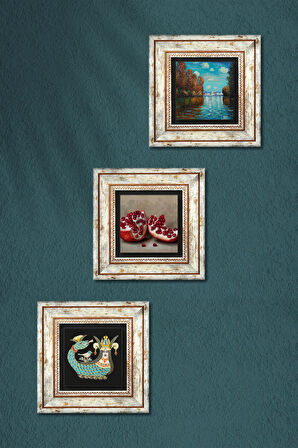 Claude Monet Sonbahar, Şahmeran, Nar Taş Duvar Tablosu Çerçeveli Duvar Dekoru 3 Parça Tablo Seti Wall Art