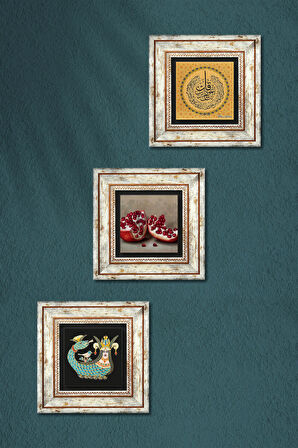 Nas Suresi, Şahmeran, Nar Taş Duvar Tablosu Çerçeveli Duvar Dekoru 3 Parça Tablo Seti Wall Art