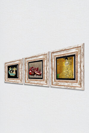 Gustav Klimt Adele Bloch-Bauer'in Portresi, Şahmeran, Nar Taş Duvar Tablosu Çerçeveli Duvar Dekoru 3 Parça Tablo Seti Wall Art