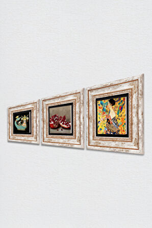 Gustav Klimt Yelpazeli Kadın, Şahmeran, Nar Taş Duvar Tablosu Çerçeveli Duvar Dekoru 3 Parça Tablo Seti Wall Art