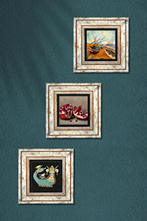 Van Gogh Balıkçı Tekneleri, Şahmeran, Nar Taş Duvar Tablosu Çerçeveli Duvar Dekoru 3 Parça Tablo Seti Wall Art