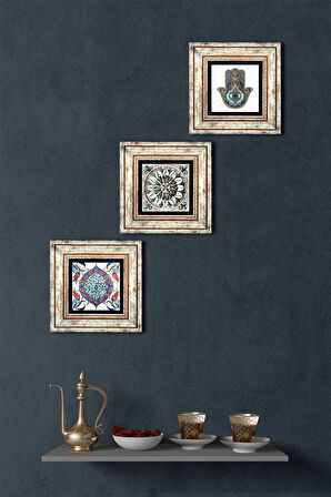 Çini Sanatı, Fatma Ana Eli (Hamsa) Taş Duvar Tablosu Çerçeveli Duvar Dekoru 3 Parça Tablo Seti Wall Art