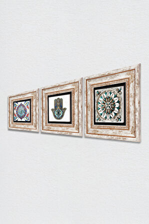 Çini Sanatı, Fatma Ana Eli (Hamsa) Taş Duvar Tablosu Çerçeveli Duvar Dekoru 3 Parça Tablo Seti Wall Art