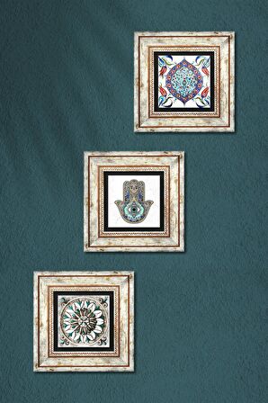Çini Sanatı, Fatma Ana Eli (Hamsa) Taş Duvar Tablosu Çerçeveli Duvar Dekoru 3 Parça Tablo Seti Wall Art