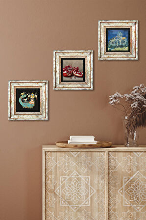 Van Gogh Auvers'deki Kilise, Şahmeran, Nar Taş Duvar Tablosu Çerçeveli Duvar Dekoru 3 Parça Tablo Seti Wall Art