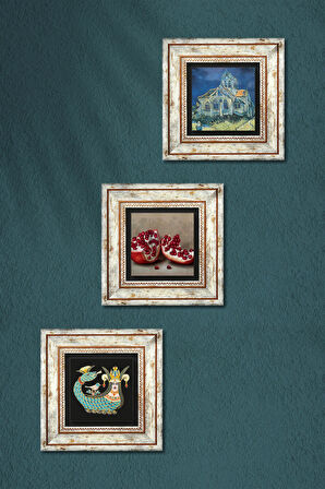 Van Gogh Auvers'deki Kilise, Şahmeran, Nar Taş Duvar Tablosu Çerçeveli Duvar Dekoru 3 Parça Tablo Seti Wall Art