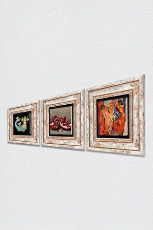 Picasso Avignonlu Kızlar, Şahmeran, Nar Taş Duvar Tablosu Çerçeveli Duvar Dekoru 3 Parça Tablo Seti Wall Art