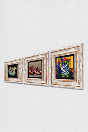Picasso Ağlayan Kadın, Şahmeran, Nar Taş Duvar Tablosu Çerçeveli Duvar Dekoru 3 Parça Tablo Seti Wall Art