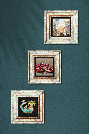 Salvador Dalí Amerika’nın Keşfi, Şahmeran, Nar Taş Duvar Tablosu Çerçeveli Duvar Dekoru 3 Parça Tablo Seti Wall Art