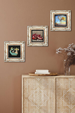 Dalí Aziz Antonius'un Baştan Çıkarılışı, Şahmeran, Nar Taş Duvar Tablosu Çerçeveli Duvar Dekoru 3 Parça Tablo Seti Wall Art