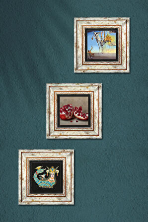 Dalí Aziz Antonius'un Baştan Çıkarılışı, Şahmeran, Nar Taş Duvar Tablosu Çerçeveli Duvar Dekoru 3 Parça Tablo Seti Wall Art