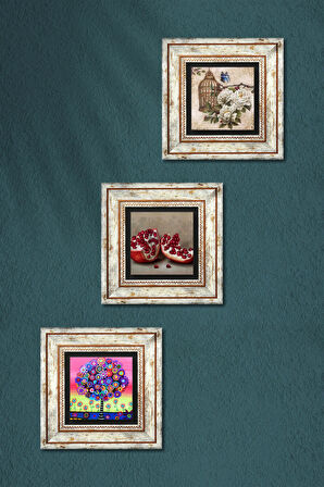 Kelebekli Çiçek, Hayat Ağacı, Nar Taş Duvar Tablosu Çerçeveli Duvar Dekoru 3 Parça Tablo Seti Wall Art