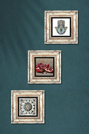 Çini Sanatı, Nar, Fatma Ana Eli (Hamsa) Taş Duvar Tablosu Çerçeveli Duvar Dekoru 3 Parça Tablo Seti Wall Art