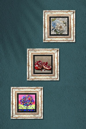 Kelebekli Çiçek, Hayat Ağacı, Nar Taş Duvar Tablosu Çerçeveli Duvar Dekoru 3 Parça Tablo Seti Wall Art