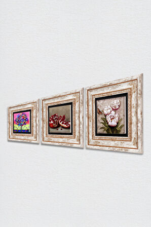 Kelebekli Çiçek, Hayat Ağacı, Nar Taş Duvar Tablosu Çerçeveli Duvar Dekoru 3 Parça Tablo Seti Wall Art