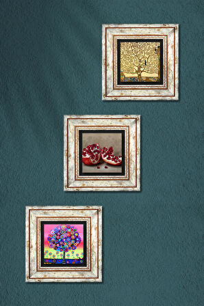 Gustav Klimt Hayat Ağacı, Karla Gerard Hayat Ağacı, Nar Taş Duvar Tablosu Çerçeveli Duvar Dekoru 3 Parça Tablo Seti Wall Art