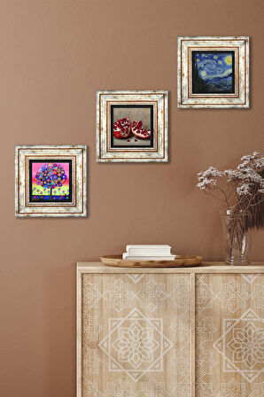 Van Gogh Yıldızlı Gece, Karla Gerard Hayat Ağacı, Nar Taş Duvar Tablosu Çerçeveli Duvar Dekoru 3 Parça Tablo Seti Wall Art