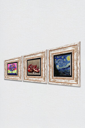 Van Gogh Yıldızlı Gece, Karla Gerard Hayat Ağacı, Nar Taş Duvar Tablosu Çerçeveli Duvar Dekoru 3 Parça Tablo Seti Wall Art