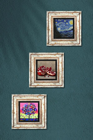 Van Gogh Yıldızlı Gece, Karla Gerard Hayat Ağacı, Nar Taş Duvar Tablosu Çerçeveli Duvar Dekoru 3 Parça Tablo Seti Wall Art