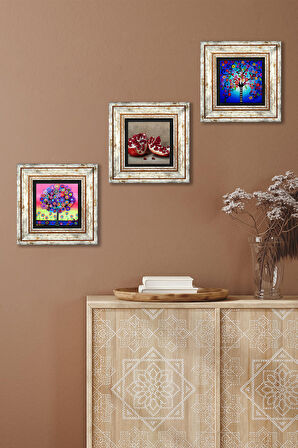 Hayat Ağacı, Nar Taş Duvar Tablosu Çerçeveli Duvar Dekoru 3 Parça Tablo Seti Wall Art
