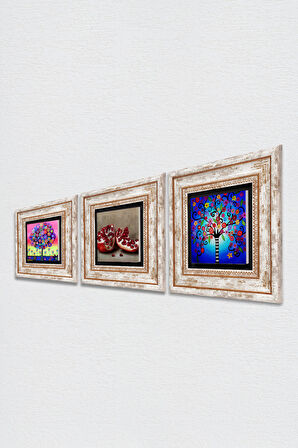 Hayat Ağacı, Nar Taş Duvar Tablosu Çerçeveli Duvar Dekoru 3 Parça Tablo Seti Wall Art