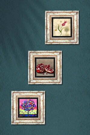 Lale Ebru Sanatı, Hayat Ağacı, Nar Taş Duvar Tablosu Çerçeveli Duvar Dekoru 3 Parça Tablo Seti Wall Art