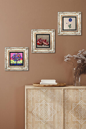 Ebru Sanatı, Hayat Ağacı, Nar Taş Duvar Tablosu Çerçeveli Duvar Dekoru 3 Parça Tablo Seti Wall Art