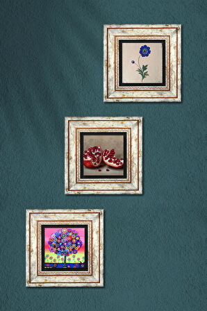 Ebru Sanatı, Hayat Ağacı, Nar Taş Duvar Tablosu Çerçeveli Duvar Dekoru 3 Parça Tablo Seti Wall Art