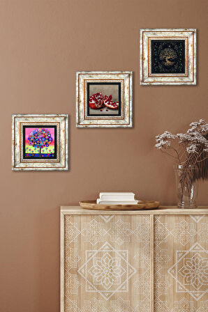 Hayat Ağacı, Nar Taş Duvar Tablosu Çerçeveli Duvar Dekoru 3 Parça Tablo Seti Wall Art