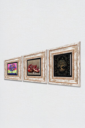 Hayat Ağacı, Nar Taş Duvar Tablosu Çerçeveli Duvar Dekoru 3 Parça Tablo Seti Wall Art