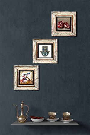 Semazen, Nar, Fatma Ana Eli (Hamsa) Taş Duvar Tablosu Çerçeveli Duvar Dekoru 3 Parça Tablo Seti Wall Art