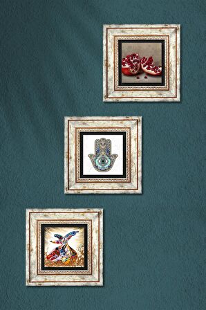 Semazen, Nar, Fatma Ana Eli (Hamsa) Taş Duvar Tablosu Çerçeveli Duvar Dekoru 3 Parça Tablo Seti Wall Art
